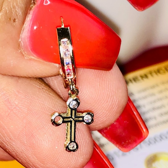 10k solid gold best selling dangling  cross hoop earrings, 100% real gold Sale! - Picture 5 of 7